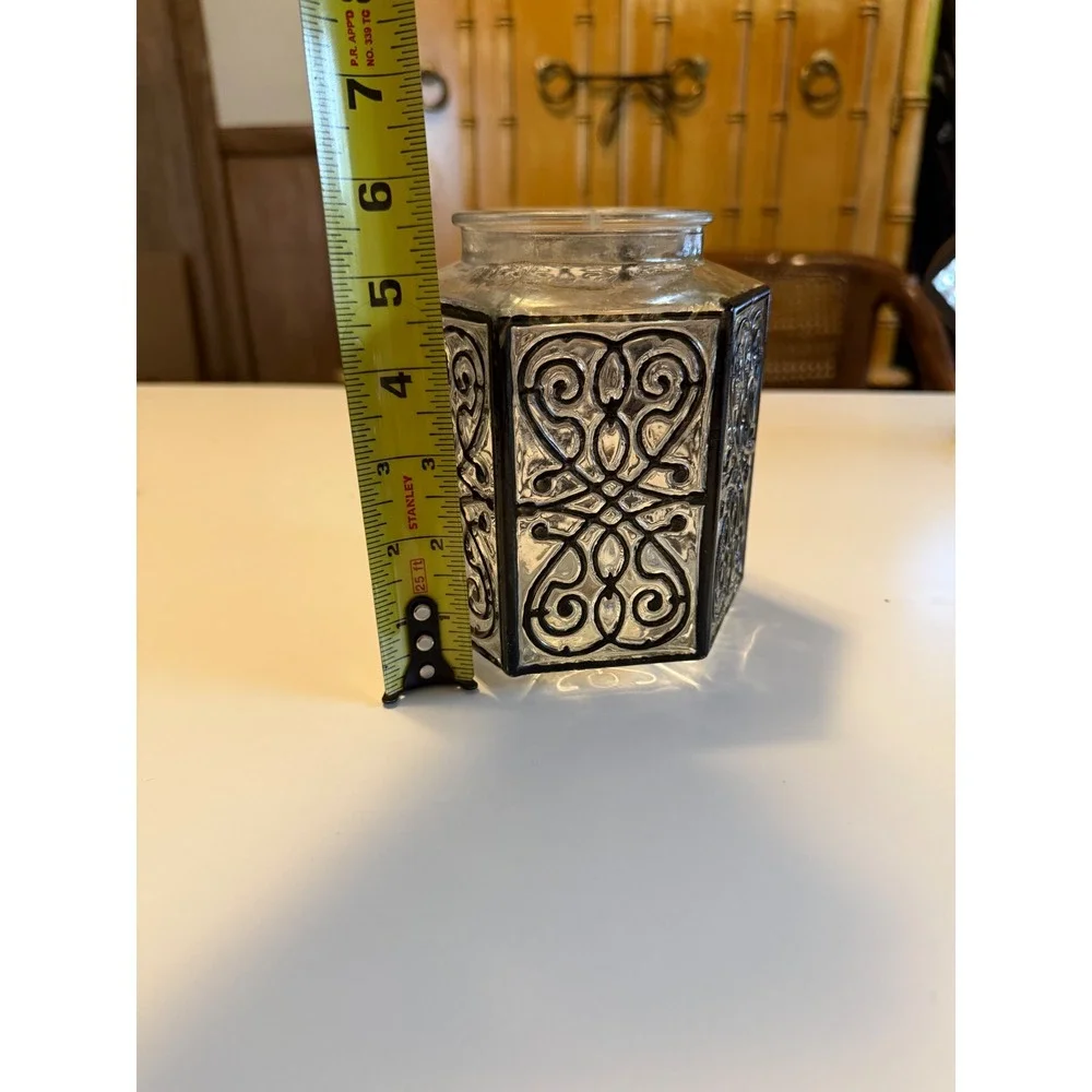 Vintage Hexagonal Clear Glass Black Scroll Filigree Decorative 5.5in Light Cover